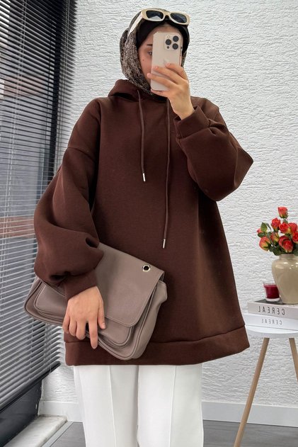 Hooded Oversize Women's Sweatshirt - Brown