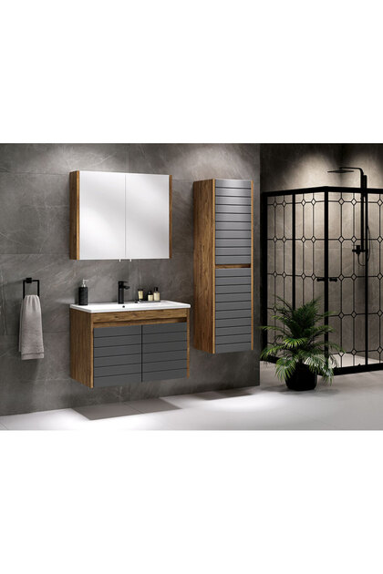 BİANKA CEVİZ ANTRASİT 80 CM BANYO DOLAP SETİ ÜST MODÜL + ALT MODÜL + SERAMİK LAVABO + BOY DOLAP