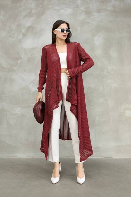 Women's Burgundy Unlined Distressed Detailed Loose Cotton Knitwear Long Cardigan Cap