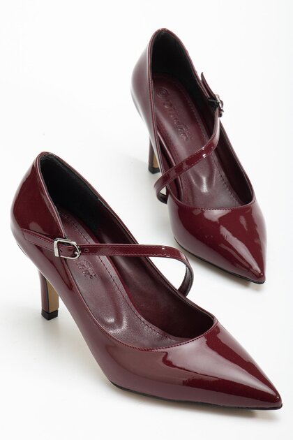 Plus Size Women's Stiletto Thin Heeled Shoes Burgundy Patent Leather with Heel Cover