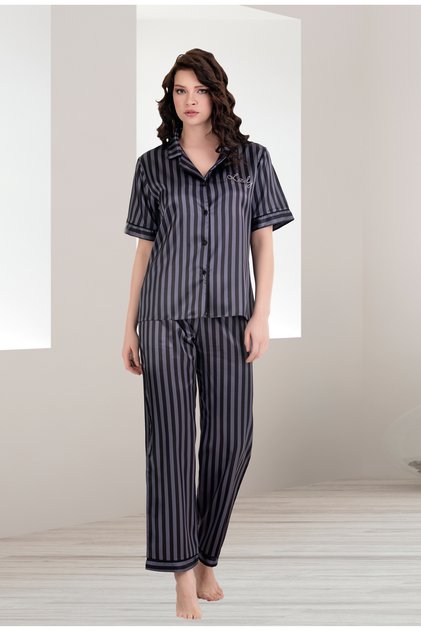 Satin Printed Short Sleeve Button down Shirt Collar Stylish Pajama Set