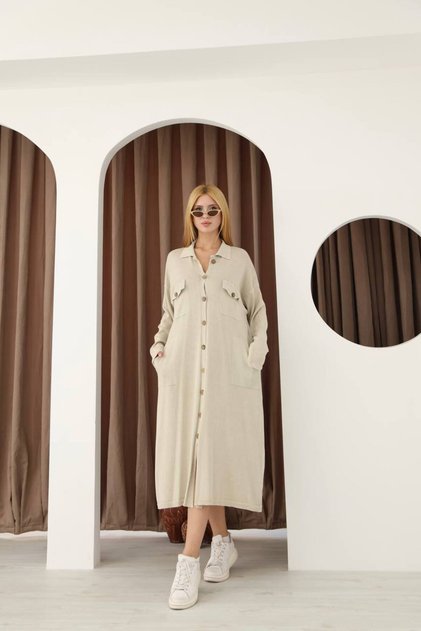 Women's Beige Shirt Collar Button Closure Pocketed Vintage Loose Cotton Knit Midi Dress