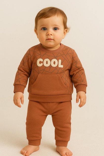 Baby Boy Cool Embroidered Pocketed 3 Thread Ribbed Winter Long Sleeve Top and Bottom Baby Set 100% Cotton