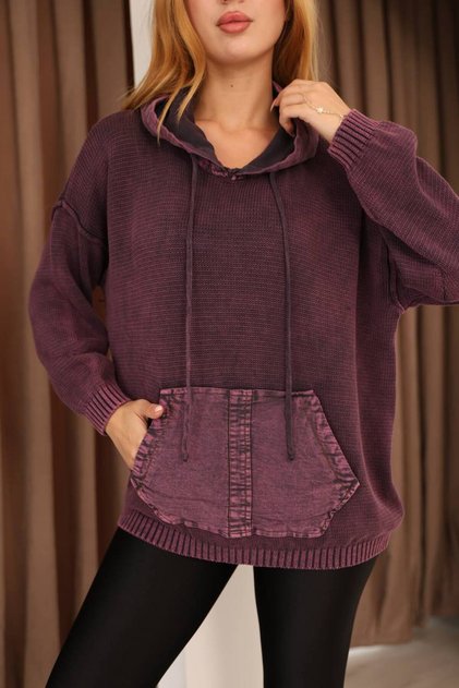Women's Purple Hooded Detail Kangaroo Pocket Distressed Loose Cotton Knitwear Sweater