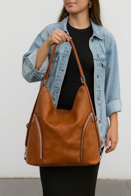 Soft Faux Leather Tan Women's Bag Suitable for Hand Shoulder and Back Use 34*39 cm
