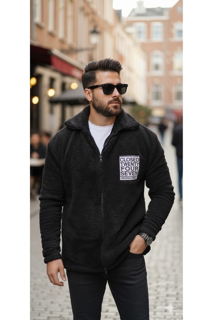 Men's Black Zippered Plush Jacket – Soft Texture, Cold Weather Friendly