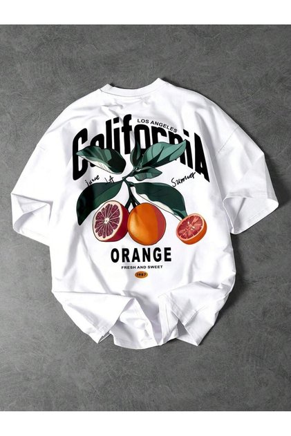 Men's White California Orange Printed Oversize T-Shirt