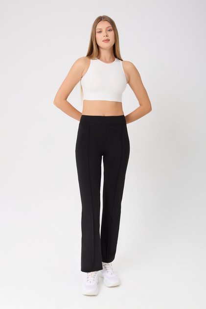 Women's Black High Waist Ribbed Pipe Leg Pocket Loose Leggings Pants