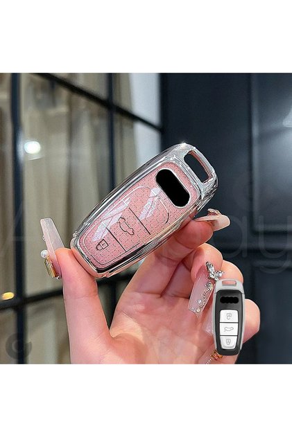 Audi Uyumlu A3, A4, A6, A7, A8, B9, C8, 4K, D5, S7, S8, Q7, Q8, E-Tron Elmas Kesim TPU Anahtar Kılıfı (Pembe)