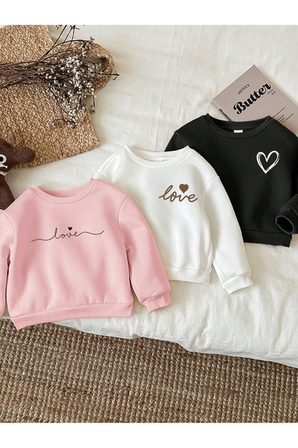 Children's Advantage Package Black White Pink Crew Neck 3 Thread Printed Oversize Sweatshirt