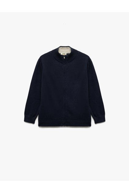Cotton Long Sleeve Zippered High Collar Knitwear Cardigan