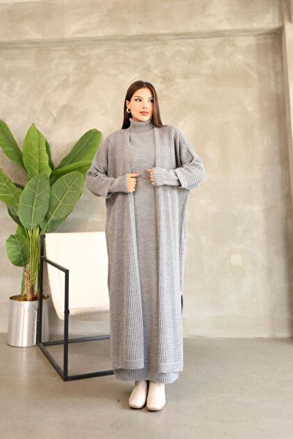 Women's Turtleneck Knitwear Dress and Long Cardigan Double Set - Gray