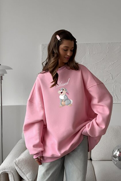 Women's Oversize Sweatshirt Dress Blessed Bunny Printed Pink – Crew Neck, 3 Thread Fleece