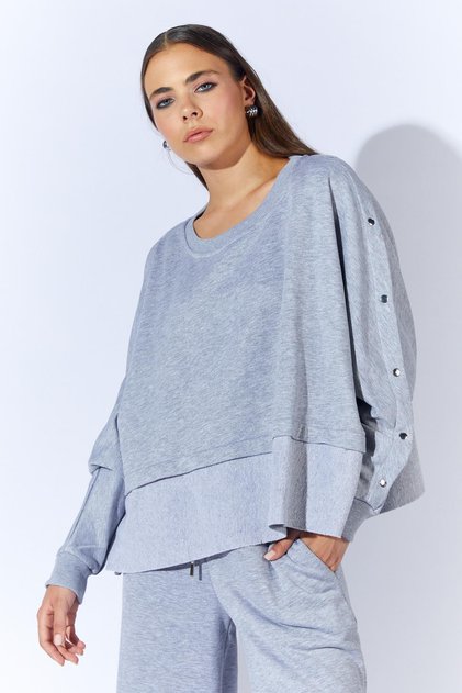 Women's Gray Melange Crew Neck Sweatshirt with Snap Buttons on the Sleeves and Drop Shoulder