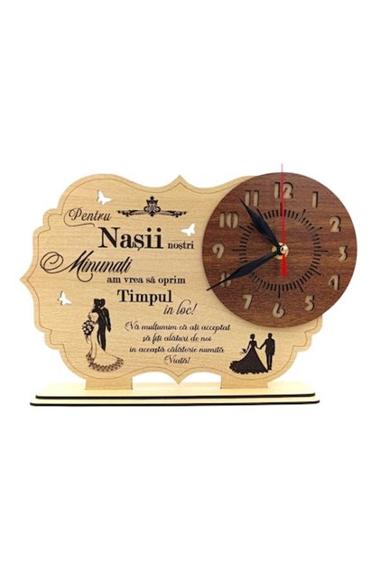 Ceas personalizat din lemn cu mesaj personalizat cadou pentru nași – 30 cm, crem