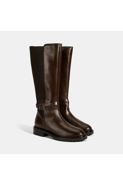 Women's Brown Leather Boots with Metal Buckle Detail