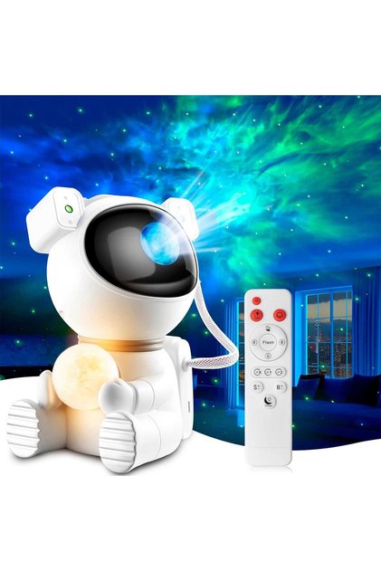 Lampă de proiector 2 în 1 pentru astronaut, cu 8 culori pentru nebuloase, 7 luni, cap rotativ la 360°, telecomandă