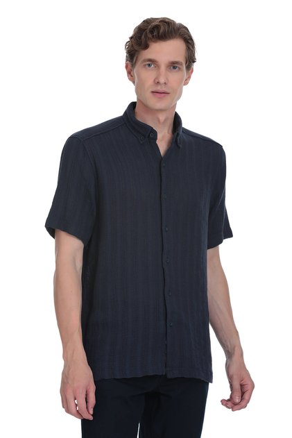 Navy Blue Comfort Fit Button down Collar Short Sleeve Cotton Shirt