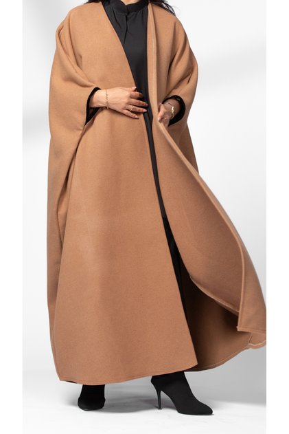 Camel-colored winter abaya with a bisht cut