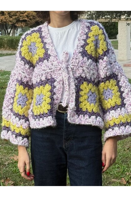 Patterned Oversize Model Knitted Cardigan, Multi-Colored Hand-Knitted Cardigan - Purple, Lilac, Yellow
