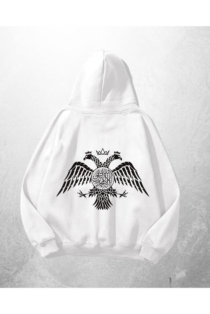 White Unisex Double Headed Eagle Printed Oversize Hoodie Sweatshirt