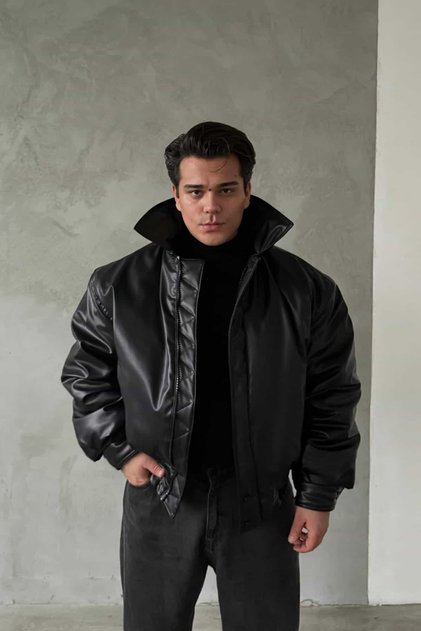Palton din piele bomber negru