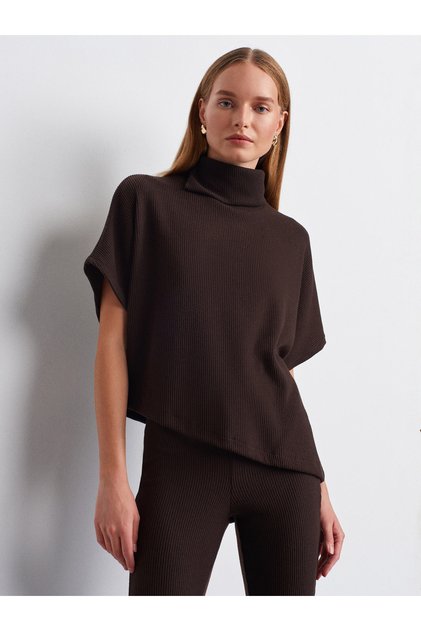 32239 Asymmetrical Cut High Neck Top - Brown