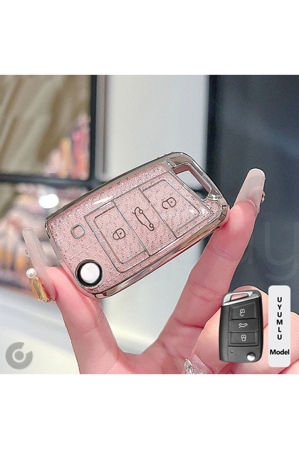 Volkswagen Seat Skoda Uyumlu Sustalı Elmas Kesim TPU Anahtar Kılıfı (Pembe)
