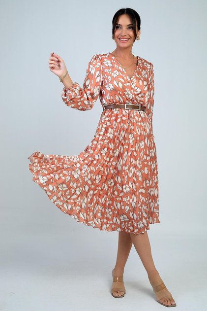 Women's Double-Breasted Collared Belted Lined Brush Pattern Pleated Midi Satin Dress