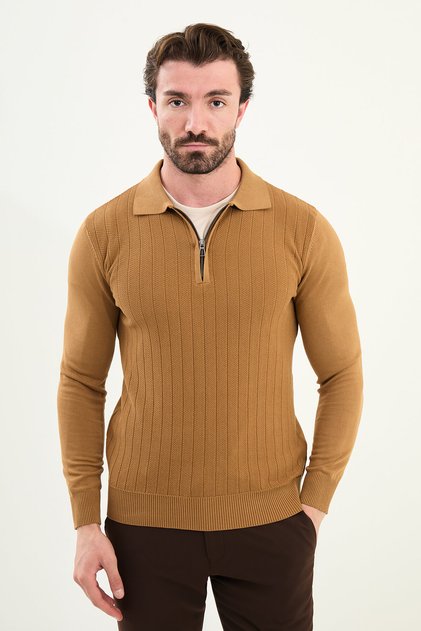 Patterned Slim Fit Polo Neck Zippered Wool Men's Knitwear Sweater Camel - 11570.25K