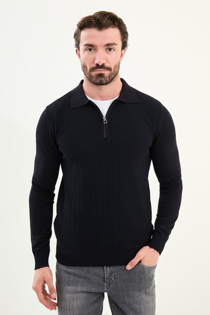Patterned Slim Fit Polo Neck Zippered Wool Men's Knitwear Sweater Navy Blue - 11570.25K