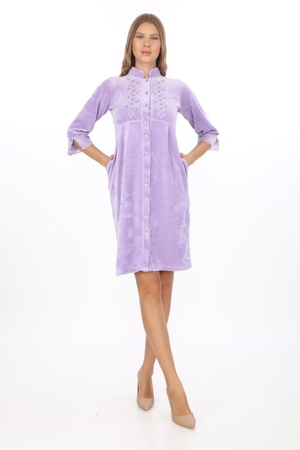 Women's Stone Embroidery Collar Detailed Slim Fit Pattern Buttoned Stylish Young Cotton Velvet Home Dress