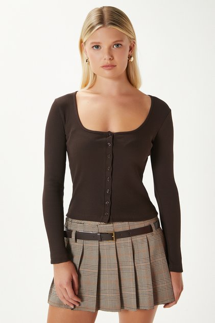 Women's Jesse U-Neck Buttoned Long Sleeve Brown Corduroy Cotton Blouse