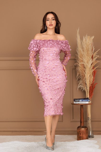 Three Sizes Floral Boat Neck Pencil Long Dress - Powder