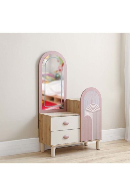 Zeta 2-Drawer & 1-Door Dresser with Mirror & LED - Offwhite & Pink - Stylish Bedroom Storage