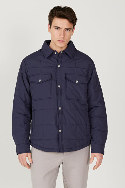 Navy Blue Standard Fit Stand Collar Coat