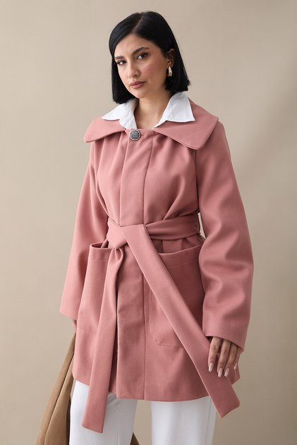 Button Detailed Lined Dusty Rose Short Coat