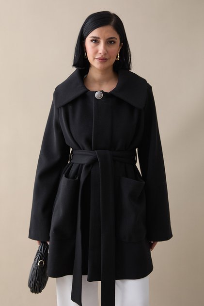 Button Detailed Lined Black Short Coat