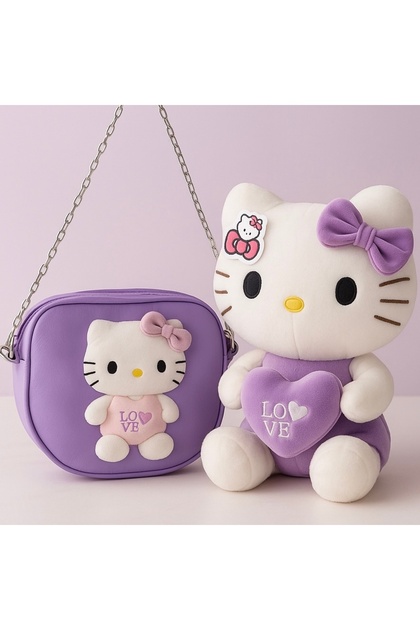 Hello Kitty Mor Peluş Oyuncak 35cm + Deri Çanta – Şık Hediye Seti