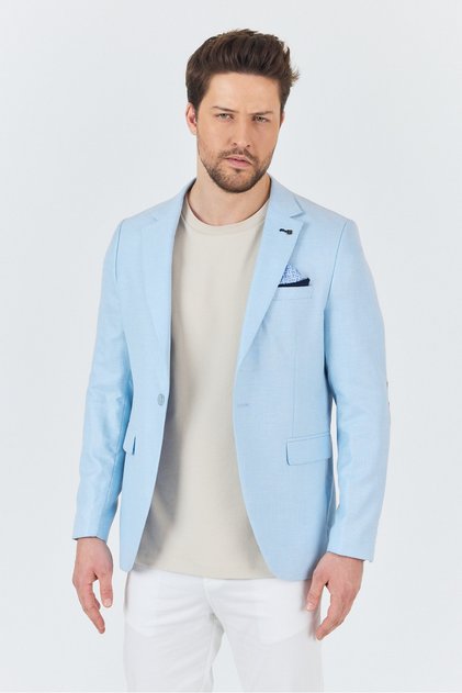 Dozari Elbow Men's Ice Blue Linen Blended Slim Fit Spring-Summer Sports Blazer Jacket
