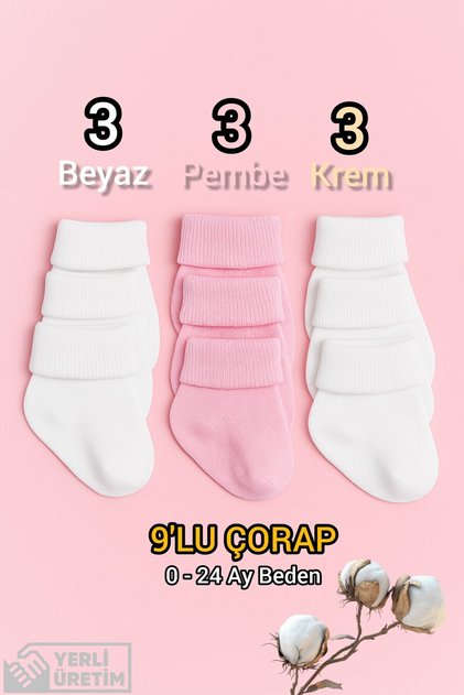 9 Pairs of Cotton 3-Layer Curled Socks for Girls and Newborn Babies 0-24 Months