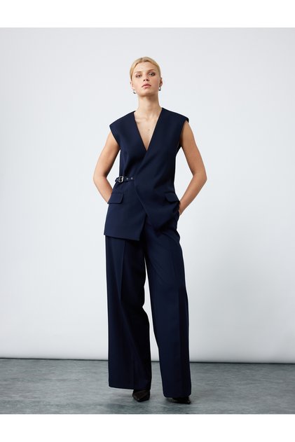 Sleeveless Pocket Half Belt Detailed Double Breasted Long Vest