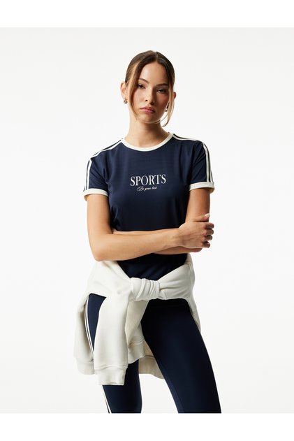Comfortable Fit Ribbed Crew Neck Short Sleeve Printed Sports T-Shirt