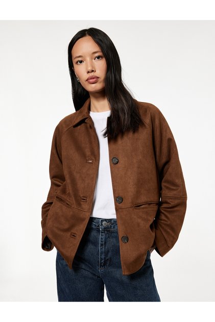 Pocketed Shirt Collar Long Sleeve Buttoned Faux Suede Jacket
