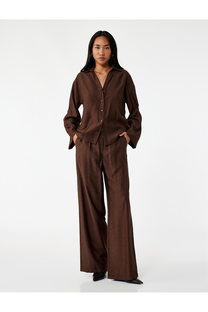 Modal Fabric Pocket Wide Leg Pants with Elastic Waist and Tie Floral Texture