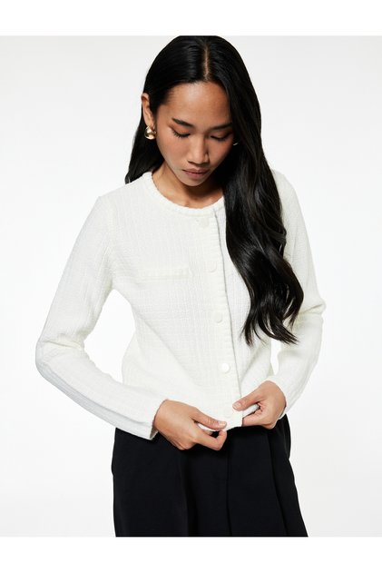 Long Sleeve Crew Neck Knit Cardigan with Applique Detail