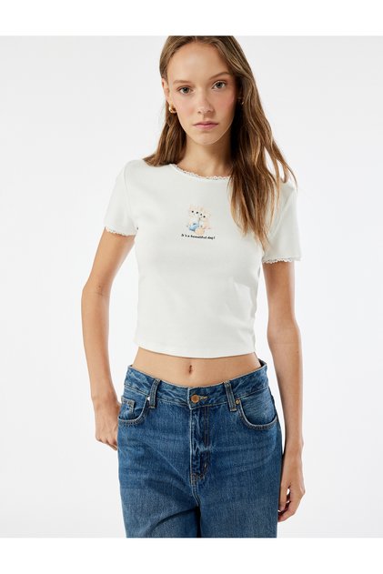 Short Sleeve Crew Neck Cotton Cat Print T-Shirt