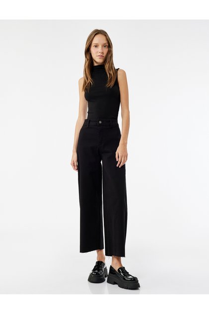 Yüksek Bel Düğmeli Cepli Rahat Kalıp Geniş Paça Denim Pantolon - Culotte Jeans