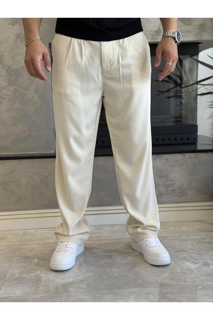Men's Baggy Fit Fabric Trousers Beige Eca002