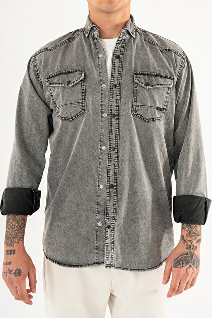 Men's Smoked Slim Fit Slim Fit Washable Denim Shirt